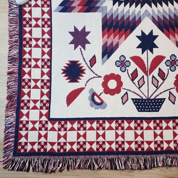 Woven Blanket Wall Hanging Patriotic Red White Blue Fringed Flowers Patchwork - Picture 12 of 14